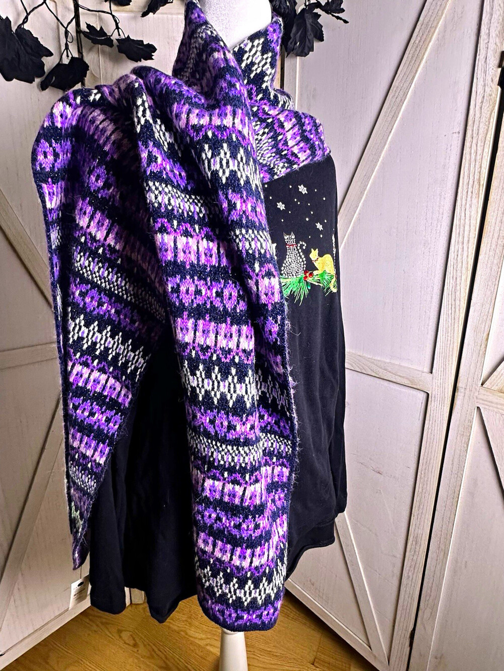 Talbots Fair Isle Knit Rectangle Scarf Purple Black Whimsical sparkle 80x11 NWT